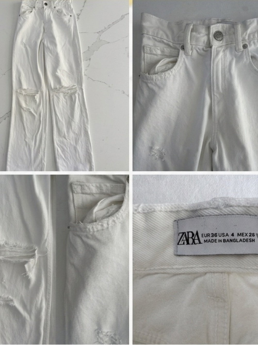 Zara White Distressed High Rise Wide Leg Raw Hem Denim Jeans Size 4 / 26 White